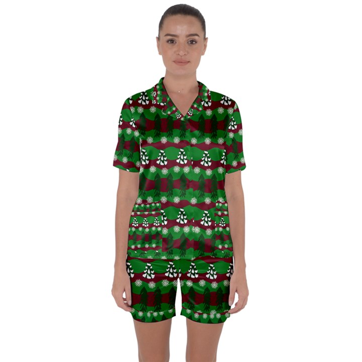 Snow Trees and Stripes Satin Short Sleeve Pyjamas Set