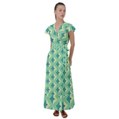 Background Chevron Green Flutter Sleeve Maxi Dress
