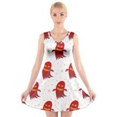 Ghost Halloween Drawing Flower Leaf V-neck Sleeveless Dress