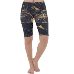 Black Marble Texture With Gold Veins Floor Background Print Luxuous Real Marble Cropped Leggings  by genx