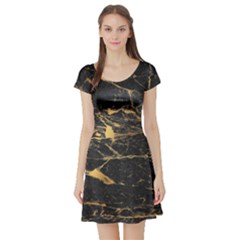 Black Marble Texture With Gold Veins Floor Background Print Luxuous Real Marble Short Sleeve Skater Dress by genx