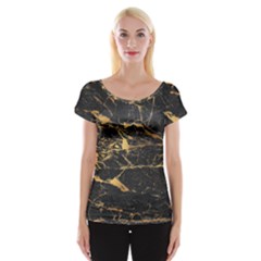 Black Marble Texture With Gold Veins Floor Background Print Luxuous Real Marble Cap Sleeve Top by genx