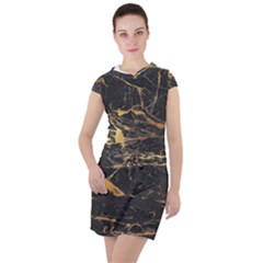 Black Marble Texture With Gold Veins Floor Background Print Luxuous Real Marble Drawstring Hooded Dress by genx