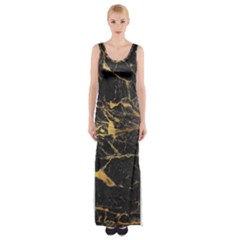 Black Marble Texture With Gold Veins Floor Background Print Luxuous Real Marble Thigh Split Maxi Dress by genx