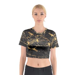 Black Marble Texture With Gold Veins Floor Background Print Luxuous Real Marble Cotton Crop Top by genx