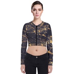 Black Marble Texture With Gold Veins Floor Background Print Luxuous Real Marble Long Sleeve Zip Up Bomber Jacket by genx