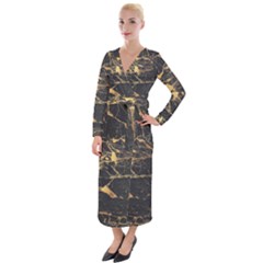 Black Marble Texture With Gold Veins Floor Background Print Luxuous Real Marble Velvet Maxi Wrap Dress by genx