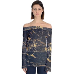 Black Marble Texture With Gold Veins Floor Background Print Luxuous Real Marble Off Shoulder Long Sleeve Top by genx