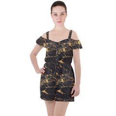 Black Marble Texture With Gold Veins Floor Background Print Luxuous Real Marble Ruffle Cut Out Chiffon Playsuit by genx