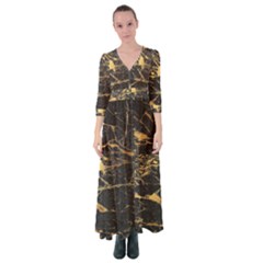 Black Marble Texture With Gold Veins Floor Background Print Luxuous Real Marble Button Up Maxi Dress by genx