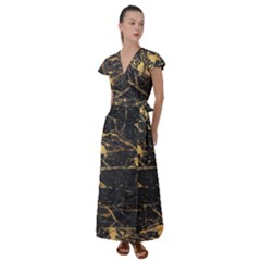 Black Marble Texture With Gold Veins Floor Background Print Luxuous Real Marble Flutter Sleeve Maxi Dress by genx