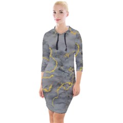 Marble Neon Retro Light Gray With Gold Yellow Veins Texture Floor Background Retro Neon 80s Style Neon Colors Print Luxuous Real Marble Quarter Sleeve Hood Bodycon Dress by genx