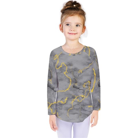 Marble Neon Retro Light Gray With Gold Yellow Veins Texture Floor Background Retro Neon 80s Style Neon Colors Print Luxuous Real Marble Kids  Long Sleeve Tee by genx