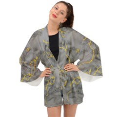 Marble Neon Retro Light Gray With Gold Yellow Veins Texture Floor Background Retro Neon 80s Style Neon Colors Print Luxuous Real Marble Long Sleeve Kimono by genx