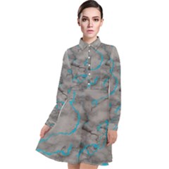 Marble Light Gray With Bright Cyan Blue Veins Texture Floor Background Retro Neon 80s Style Neon Colors Print Luxuous Real Marble Long Sleeve Chiffon Shirt Dress by genx