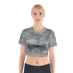 Marble Light Gray With Bright Cyan Blue Veins Texture Floor Background Retro Neon 80s Style Neon Colors Print Luxuous Real Marble Cotton Crop Top by genx