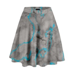 Marble Light Gray With Bright Cyan Blue Veins Texture Floor Background Retro Neon 80s Style Neon Colors Print Luxuous Real Marble High Waist Skirt by genx