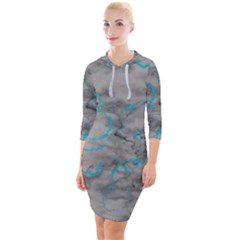 Marble Light Gray With Bright Cyan Blue Veins Texture Floor Background Retro Neon 80s Style Neon Colors Print Luxuous Real Marble Quarter Sleeve Hood Bodycon Dress by genx