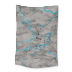 Marble Light Gray With Bright Cyan Blue Veins Texture Floor Background Retro Neon 80s Style Neon Colors Print Luxuous Real Marble Small Tapestry by genx