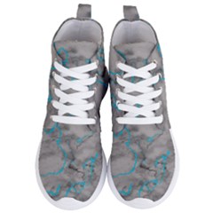 Marble Light Gray With Bright Cyan Blue Veins Texture Floor Background Retro Neon 80s Style Neon Colors Print Luxuous Real Marble Women s Lightweight High Top Sneakers by genx