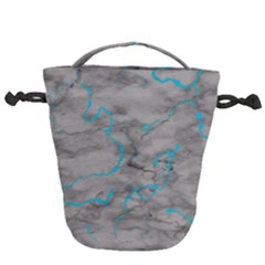 Marble Light Gray With Bright Cyan Blue Veins Texture Floor Background Retro Neon 80s Style Neon Colors Print Luxuous Real Marble Drawstring Bucket Bag by genx