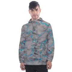 Marble Light Gray With Bright Cyan Blue Veins Texture Floor Background Retro Neon 80s Style Neon Colors Print Luxuous Real Marble Men s Front Pocket Pullover Windbreaker by genx