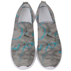 Marble Light Gray With Bright Cyan Blue Veins Texture Floor Background Retro Neon 80s Style Neon Colors Print Luxuous Real Marble Men s Slip On Sneakers by genx