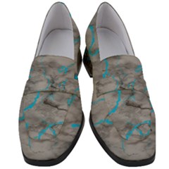 Marble Light Gray With Bright Cyan Blue Veins Texture Floor Background Retro Neon 80s Style Neon Colors Print Luxuous Real Marble Women s Chunky Heel Loafers by genx