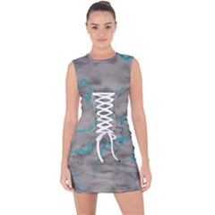 Marble Light Gray With Bright Cyan Blue Veins Texture Floor Background Retro Neon 80s Style Neon Colors Print Luxuous Real Marble Lace Up Front Bodycon Dress by genx