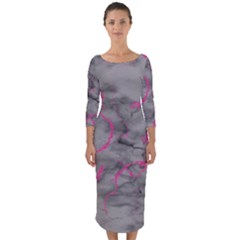 Marble light gray with bright magenta pink veins texture floor background retro neon 80s style neon colors print luxuous real marble Quarter Sleeve Midi Bodycon Dress