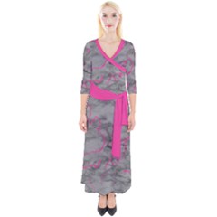 Marble light gray with bright magenta pink veins texture floor background retro neon 80s style neon colors print luxuous real marble Quarter Sleeve Wrap Maxi Dress