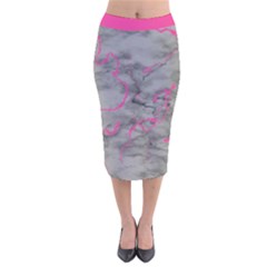 Marble light gray with bright magenta pink veins texture floor background retro neon 80s style neon colors print luxuous real marble Velvet Midi Pencil Skirt