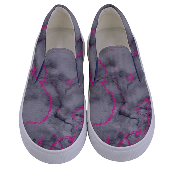 Marble light gray with bright magenta pink veins texture floor background retro neon 80s style neon colors print luxuous real marble Kids  Canvas Slip Ons