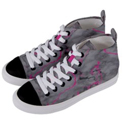 Marble Light Gray With Bright Magenta Pink Veins Texture Floor Background Retro Neon 80s Style Neon Colors Print Luxuous Real Marble Women s Mid-top Canvas Sneakers by genx