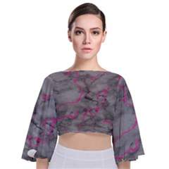 Marble Light Gray With Bright Magenta Pink Veins Texture Floor Background Retro Neon 80s Style Neon Colors Print Luxuous Real Marble Tie Back Butterfly Sleeve Chiffon Top by genx