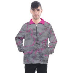 Marble Light Gray With Bright Magenta Pink Veins Texture Floor Background Retro Neon 80s Style Neon Colors Print Luxuous Real Marble Men s Half Zip Pullover by genx