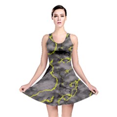 Marble Light Gray With Green Lime Veins Texture Floor Background Retro Neon 80s Style Neon Colors Print Luxuous Real Marble Reversible Skater Dress by genx