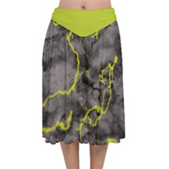 Marble light gray with green lime veins texture floor background retro neon 80s style neon colors print luxuous real marble Velvet Flared Midi Skirt