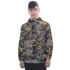 Marble Light Gray With Green Lime Veins Texture Floor Background Retro Neon 80s Style Neon Colors Print Luxuous Real Marble Men s Front Pocket Pullover Windbreaker by genx