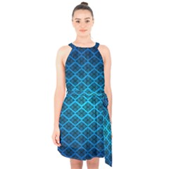 Pattern Texture Geometric Blue Halter Collar Waist Tie Chiffon Dress