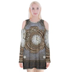 Elegant Steampunk Design Velvet Long Sleeve Shoulder Cutout Dress by FantasyWorld7