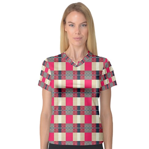 Background Texture Plaid Red V-neck Sport Mesh Tee by HermanTelo