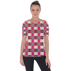 Background Texture Plaid Red Shoulder Cut Out Short Sleeve Top