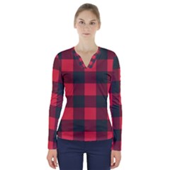 Canadian Lumberjack Red And Black Plaid Canada V-neck Long Sleeve Top by snek