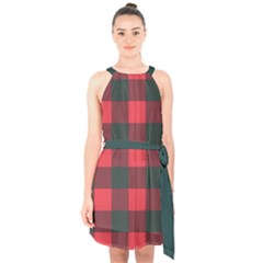 Canadian Lumberjack Red And Black Plaid Canada Halter Collar Waist Tie Chiffon Dress by snek