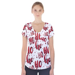 Christmas Watercolor Hohoho Red Handdrawn Holiday Organic And Naive Pattern Short Sleeve Front Detail Top by genx