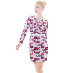 Christmas Watercolor Hohoho Red Handdrawn Holiday Organic And Naive Pattern Button Long Sleeve Dress by genx