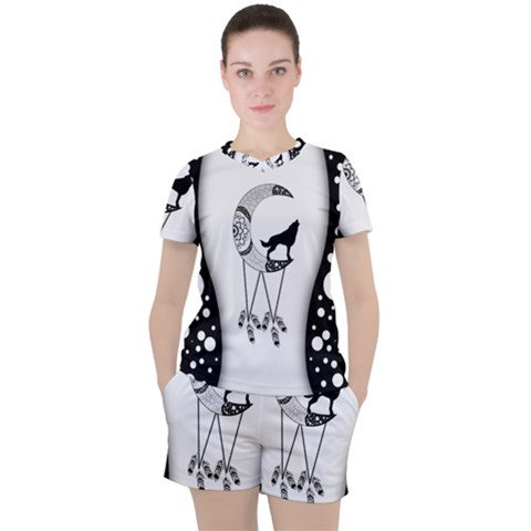 Wonderful Moon With Black Wolf Women s Tee And Shorts Set by FantasyWorld7