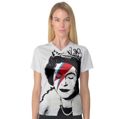 Banksy Graffiti Uk England God Save The Queen Elisabeth With David Bowie Rockband Face Makeup Ziggy Stardust V-neck Sport Mesh Tee by snek