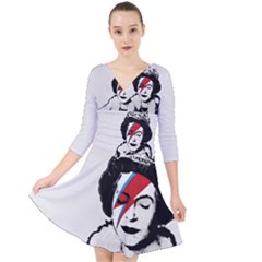 Banksy Graffiti Uk England God Save The Queen Elisabeth With David Bowie Rockband Face Makeup Ziggy Stardust Quarter Sleeve Front Wrap Dress by snek